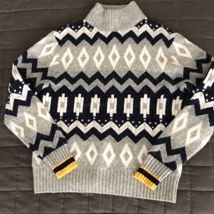 J. Crew Fair Isle mockneck sweater size S gray, navy ivory with yellow d…